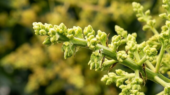 Macro photography of a vibrant green mango flower panicle blooming on a tree branch captured in bright natural sunlight with a soft blurred background showing delicate botanical textures and detail