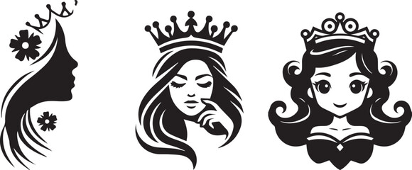 Princess and queen logo set, elegant woman silhouette with crown icons, black and white feminine beauty vector illustrations for branding © Sania