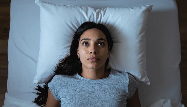 A woman lying in bed, staring at the ceiling with a pensive expression. Her eyes are wide open, and her head is resting on a white pillow. The room appears to be dimly lit.