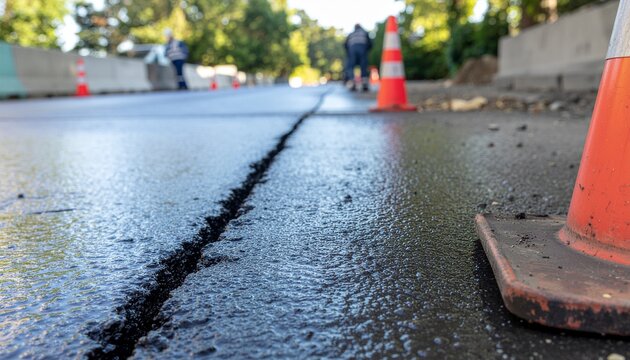 Cracked asphalt on a road with traffic cones and blurred figures in the background, indicating roadworks or repairs