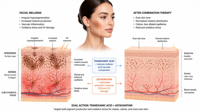 Infographic explaining facial melasma, showing UV-triggered pigmentation and combination therapy for clearer, more even skin in a clinical beauty context.