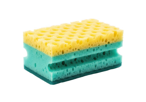 A yellow and green kitchen sponge for washing dishes and cleaning surfaces at home