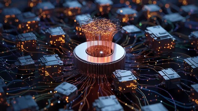 Sharp focus on central processing unit within autonomous trading cluster featuring highfrequency trading indicators with peripheral servers and wires fading into bokeh.