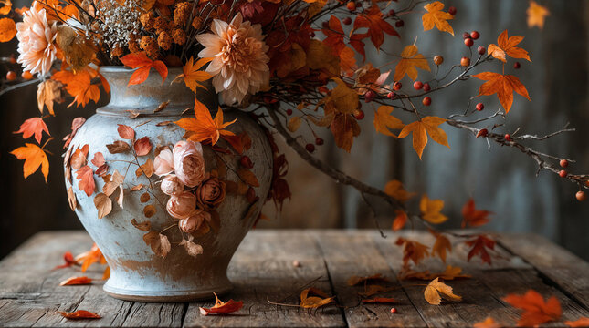 Vintage ceramic vase with a bouquet of dried flowers and autumn branches.