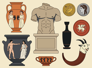 Ancient Greek Artifacts Flat Illustration Set with Vases, Torso Statue and Coins © Sri