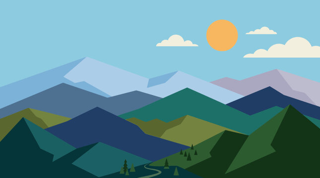 Mountain range with sun and clouds.