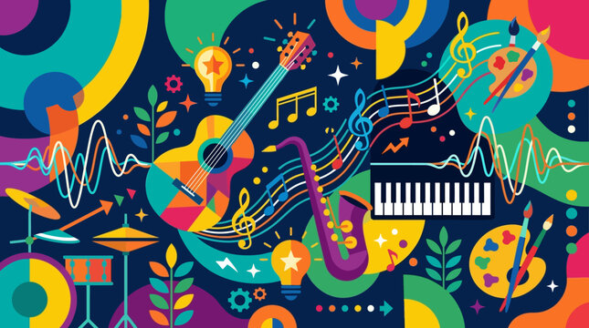 Colorful musical instruments and notes.