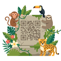 Fototapeta premium Jungle Animals Gathering Around an Ancient Stone Tablet Featuring a Digital QR Code Scan Symbol