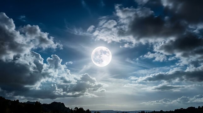 Full moon shines brightly through dramatic clouds at night over a dark landscape. A celestial event for cosmic or.