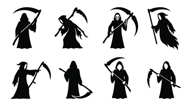 Set of black grim reaper silhouettes holding scythes for halloween and horror themes Vector