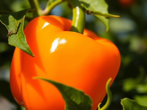 Juicy orange bell pepper glistens in the sunlight, yellow-green, fruit