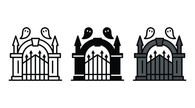 Three spooky ghost graveyard gate icons with scary iron fence and ghosts floating above entrance Vector