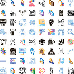 Fototapeta premium Diverse set of linear and glyph icon illustrations in a grid layout, depicting a wide variety of human activities, business processes, health, technology, food, and lifestyle themes
