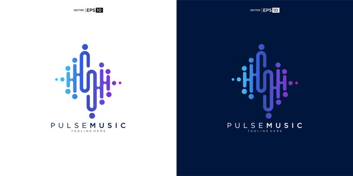 Abstract music pulse logo design with sound wave elements.