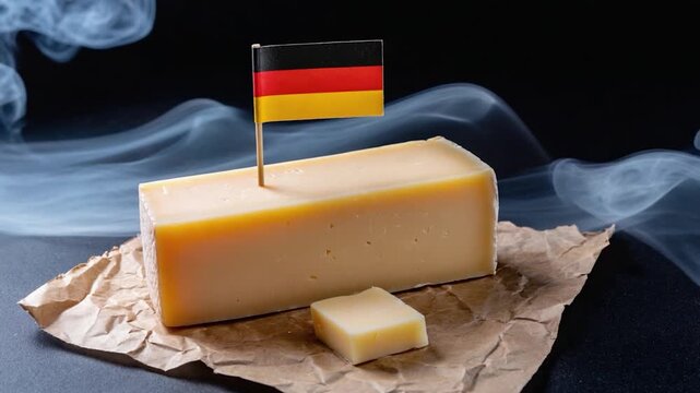 A wedge of cheese on a rustic platter with steam rising near the German flag