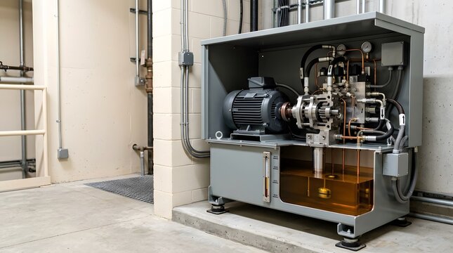 commercial elevator hydraulic power unit with realistic partial cutaway revealing pump motor and oil reservoir for vertical transportation systems