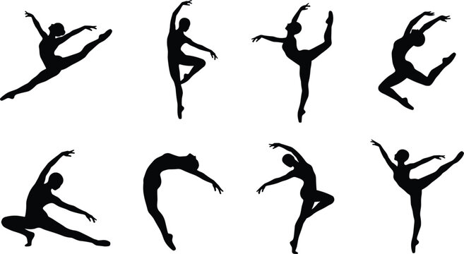 Ballet dance and contemporary gymnastic performance vector silhouette set featuring female dancers executing elegant jumps and poses