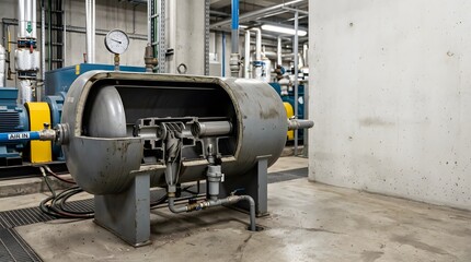 Fototapeta premium industrial air receiver tank with realistic partial cutaway revealing internal pressure vessel components for compressed air systems