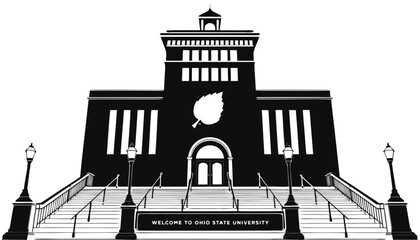 Obraz premium Very beautiful black and white realistic vector illustration of The Ohio State University entrance featuring an engraved sign reading 