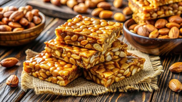 Traditional indian peanut chikki made from roasted peanuts and jaggery