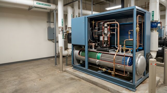 commercial water chiller unit with realistic partial cutaway revealing compressor evaporator and heat exchanger for efficient building cooling systems