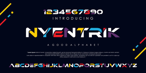 Modern alphabet font design with colorful letters and numbers. © Ultranova