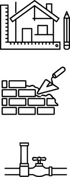 House Architecture and Building Construction Line Icon Set for Engineering Project Planning Property Renovation and Plumbing Services