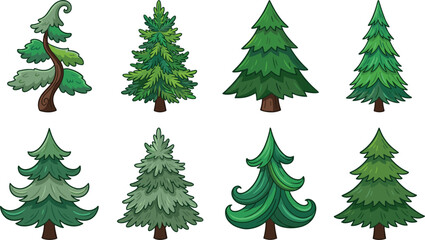 Coniferous pine spruce and fir tree set icons isolated on white background flat design game graphic elements vector illustration. © M studio