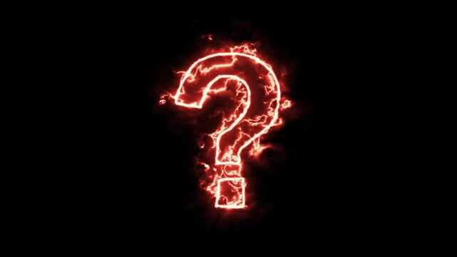 Animation of a question mark engulfed in blazing electric flames; concept of a burning question; black background; 4K video.