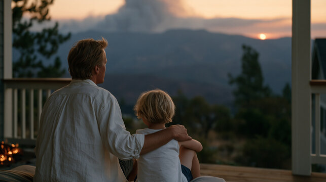 a parent and young child sitting on a back porch at dusk quietly watching a distant wildfire smoke haze above a treeline, adult arm gently around child shoulder, quiet honest