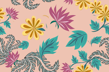 Fototapeta premium Elegant seamless tropical floral pattern featuring stylized flowers and decorative leaves in teal, purple, yellow, and gray on a soft peach background