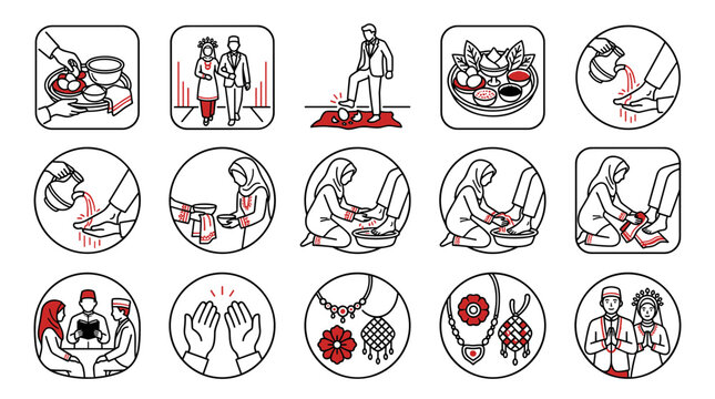 Islamic Wedding Rituals and Traditions Icons Set