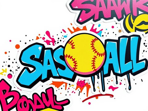 Graffiti sticker collection with cartoon softball elements on white background, recreation, vector