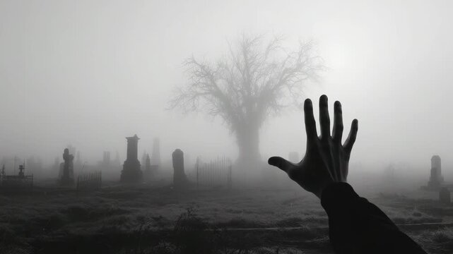 A hand stretches out toward a foggy graveyard with a large tree in the background during early morning hours