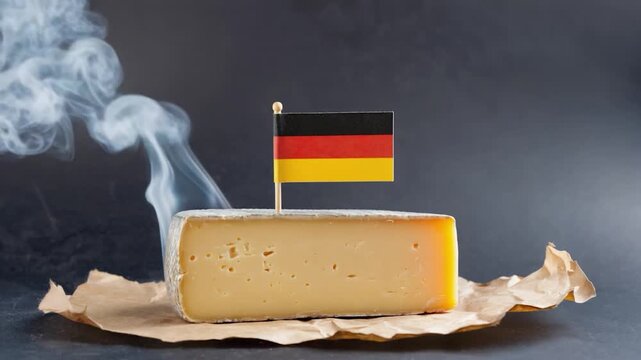 A wedge of pale yellow cheese on a dark plate with swirling smoke and a small German flag toothpick.