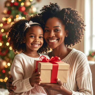 A heartwarming scene of a smiling woman and a little girl holding a gift