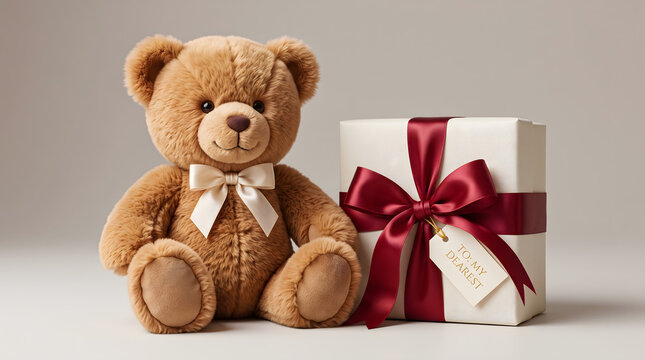 Cute Teddy Bear with Elegant Gift Box and Ribbon Romantic Celebration Concept Ultra Realistic 16K