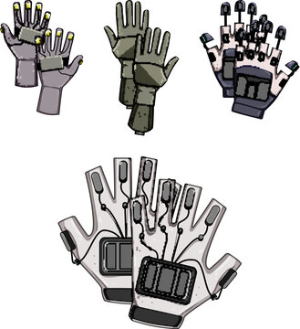 Collection of various modern virtual reality gloves featuring advanced motion tracking sensors and haptic feedback technology, essential accessories for immersive gaming and interactive simulations