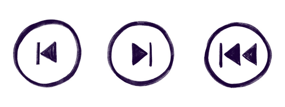 Three media player control buttons for playback isolated on transparent background