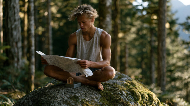 A trail runner pauses at a mossy boulder in a dense Pacific Northwest forest, unfolding a hand drawn map while checking a carved rubber stamp clue inside a small metal box,