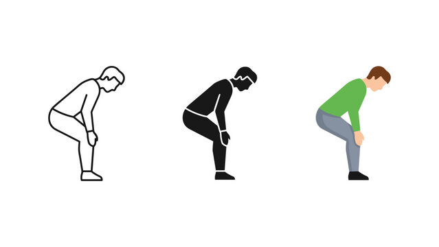 Person standing bending forward posture icon set with standing exercise activity movement physical silhouette