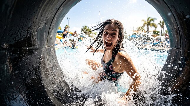 Girl emerging from water slide with joyful scream and splashing spray at sunny resort pool