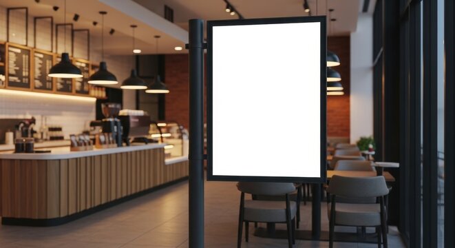 Blank digital signage in modern cafe interior.