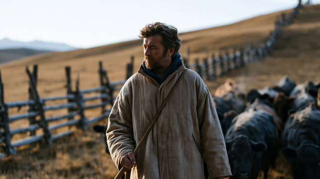 Livestock farmer in weathered jacket guides a small cattle herd through an autumn morning field, breath visible in cold air, old wooden fence running along the hilltop, rolling