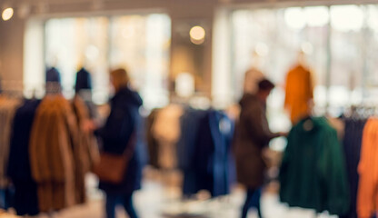 Fototapeta premium A blurred image of a clothing store interior with customers browsing through racks of coats and jackets, creating a lively shopping atmosphere.