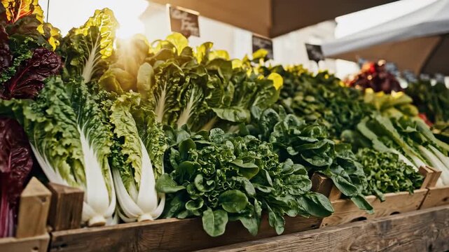 Abundant leafy greens, chard, lettuce, and spinach fill rustic wooden market crates, their crisp folds and varied emerald tones glowing beneath soft morning sunshine at a local farm stall display