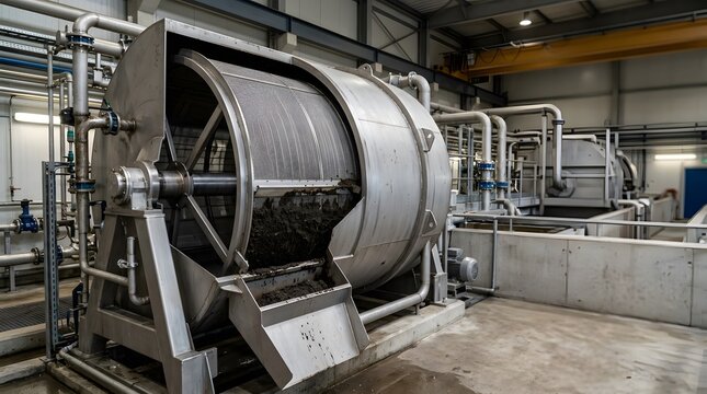 industrial rotary drum filter with realistic partial cutaway revealing rotating filtration screen