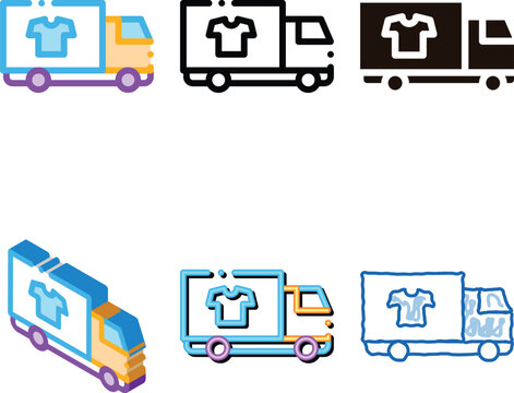Laundry Service Delivery Vector Thin Line Icon. Truck Cargo Laundry Service, Washing Clothes Dress Linear minimal Pictogram. Laundromat, Dry-Cleaning, Launderette, Stain Removal