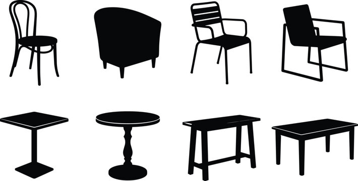 Chair and table silhouette icons, black vector furniture designs for interior and architectural projects