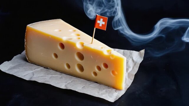 Smoking wedge of cheese with Swiss flag on toothpick on brown paper